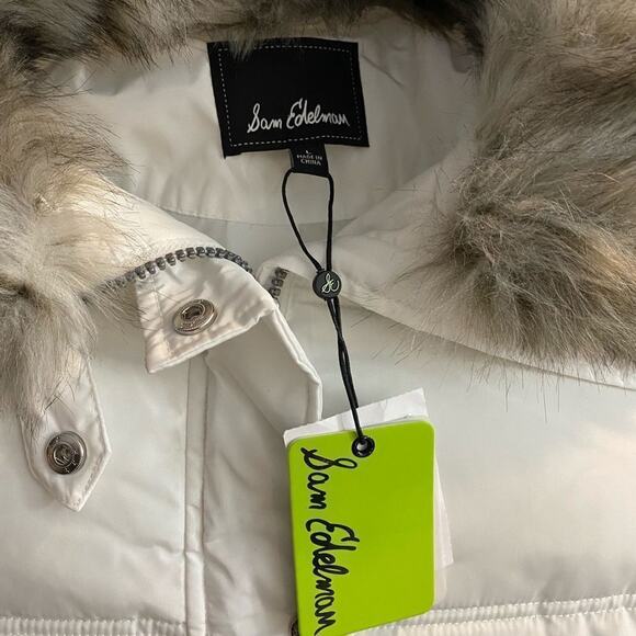 Sam EDELMAN Cream Water Repellent Puffer‎ Coat with zip off Faux Fur Collar - Picture 7 of 13